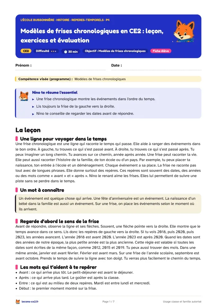Aperçu de la fiche « Modèles de frises chronologiques en CE2 : leçon, exercices et évaluation » en PDF