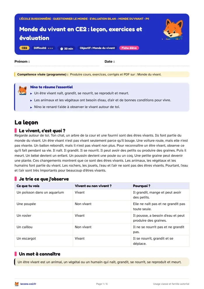 Aperçu de la fiche « Monde du vivant en CE2 : leçon, exercices et évaluation » en PDF