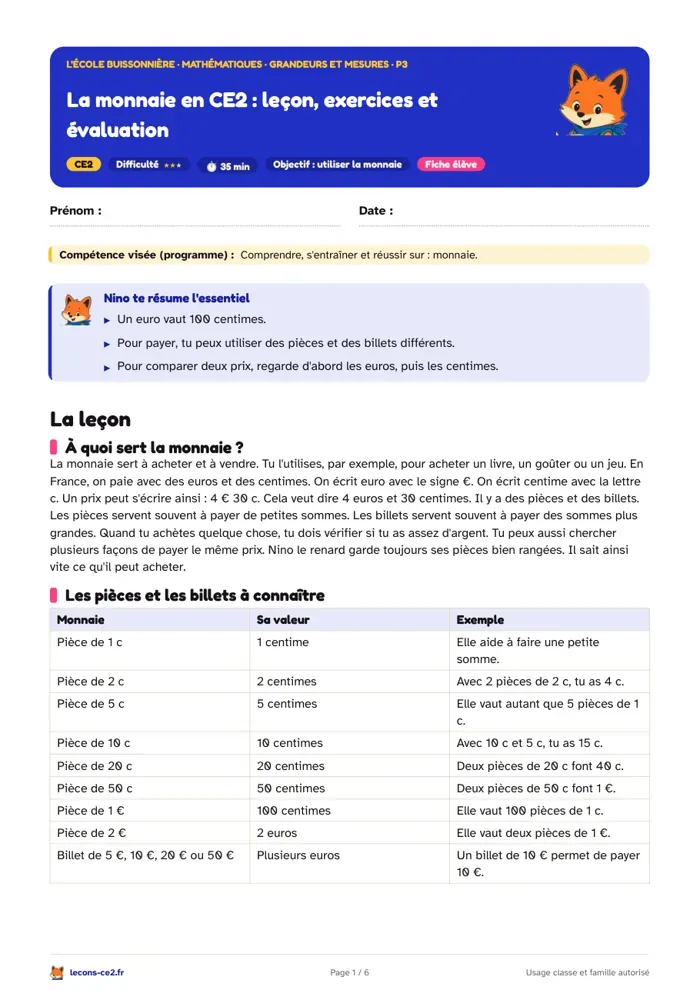 Aperçu de la fiche « La monnaie en CE2 : leçon, exercices et évaluation » en PDF