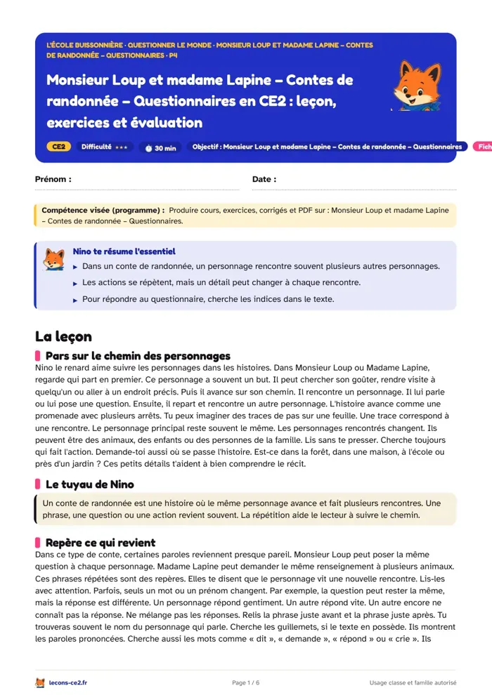 Aperçu de la fiche « Monsieur Loup et madame Lapine en CE2 : répondre aux questions avec les indices du texte » en PDF