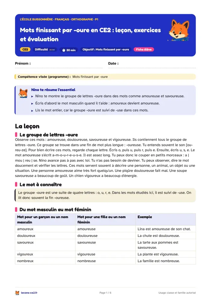 Aperçu de la fiche « Mots finissant par -oure en CE2 : leçon, exercices et évaluation » en PDF