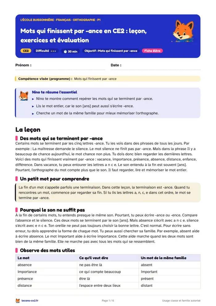 Aperçu de la fiche « Mots qui finissent par -ance en CE2 : leçon, exercices et évaluation » en PDF