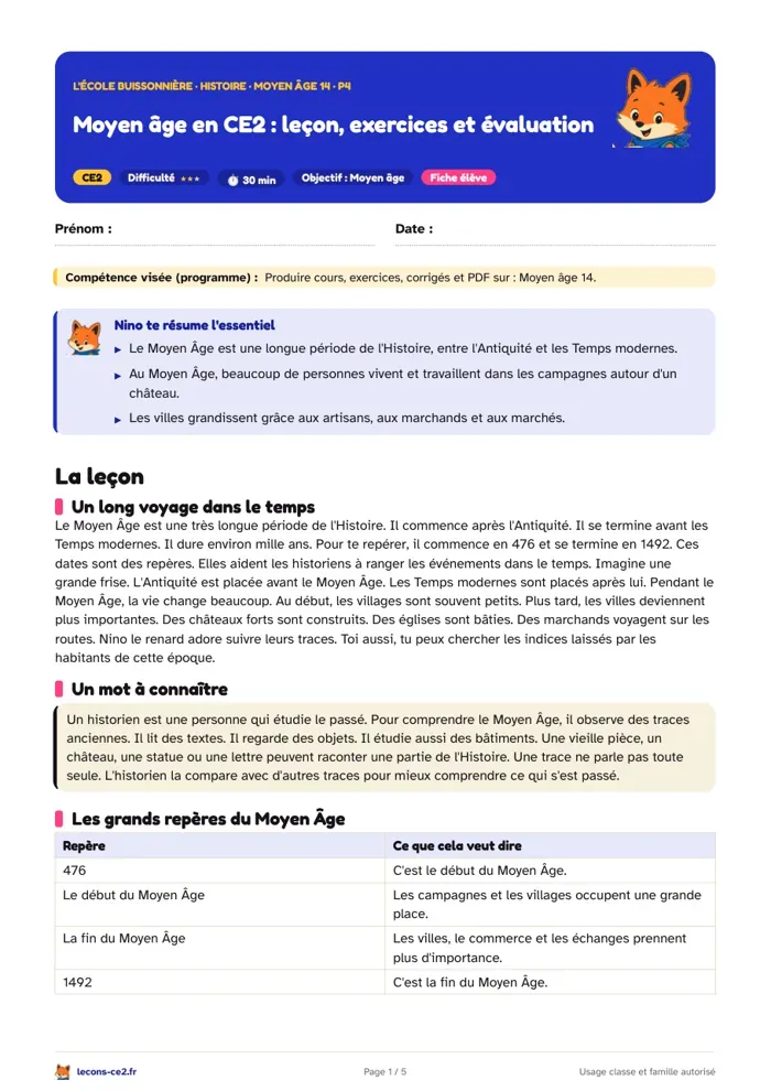 Aperçu de la fiche « Moyen âge en CE2 : leçon, exercices et évaluation » en PDF