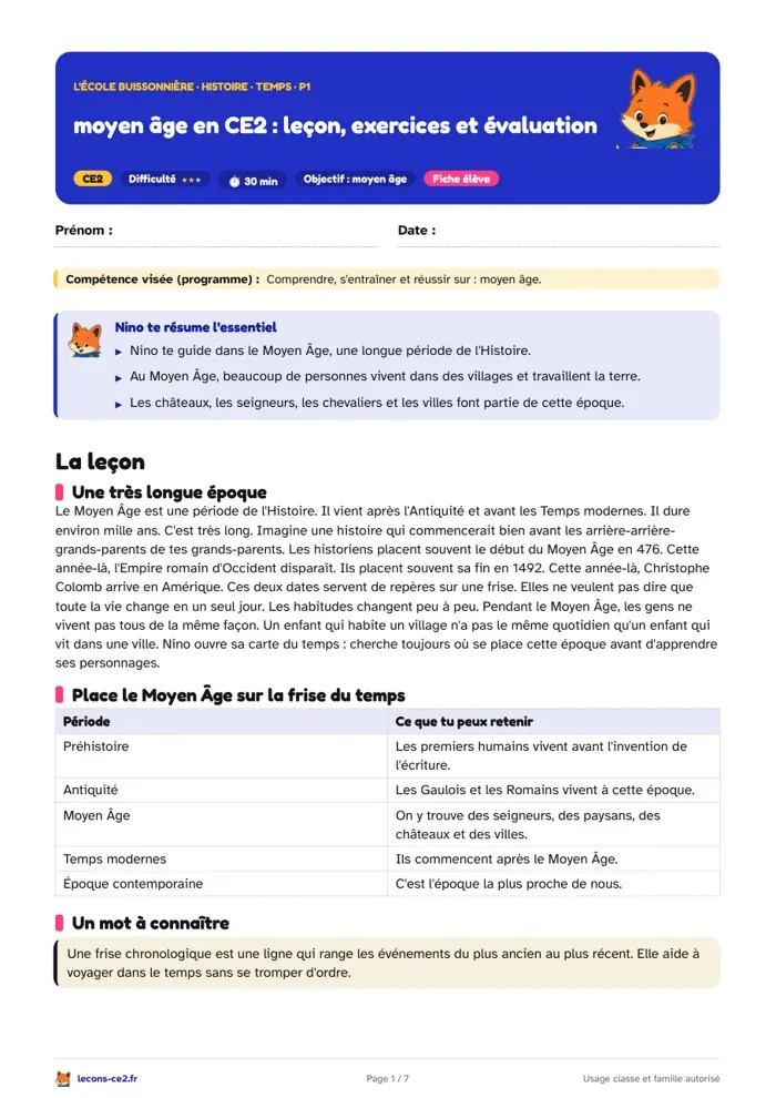 Aperçu de la fiche « Le Moyen Âge en CE2 : les parties du château fort et la vie au village » en PDF