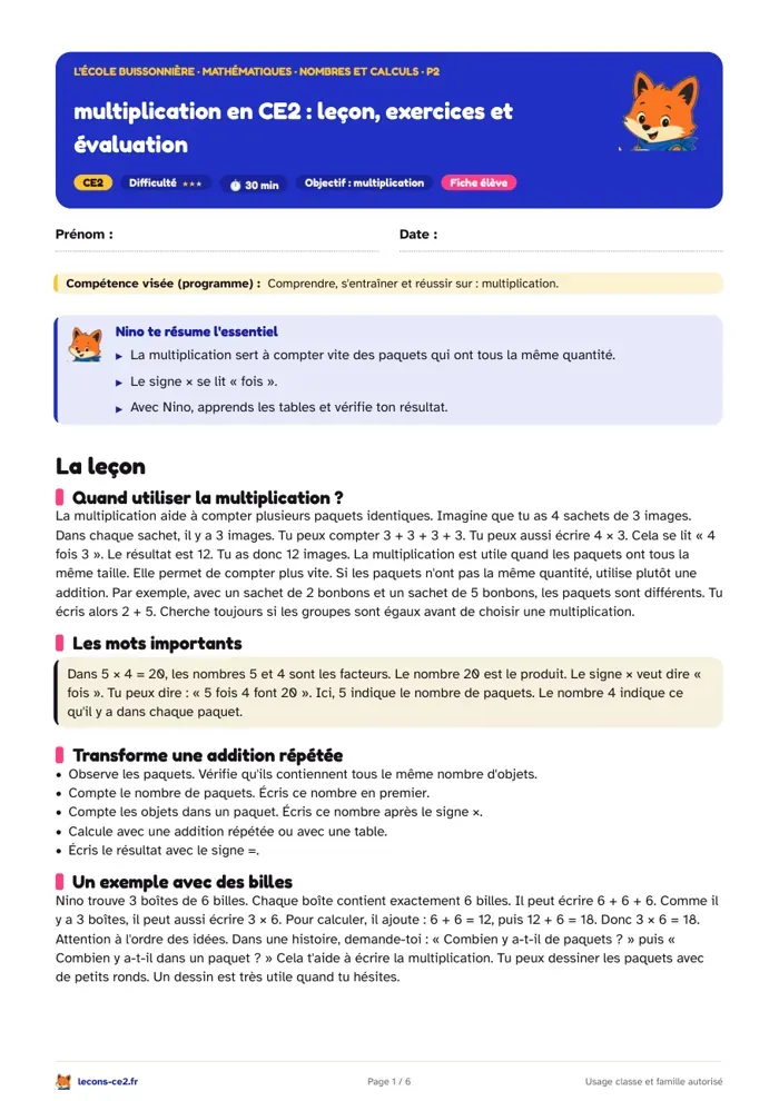 Aperçu de la fiche « multiplication en CE2 : leçon, exercices et évaluation » en PDF