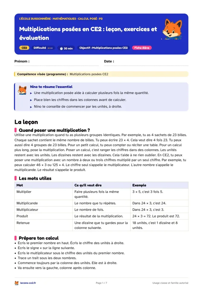 Aperçu de la fiche « Multiplications posées en CE2 : leçon, exercices et évaluation » en PDF