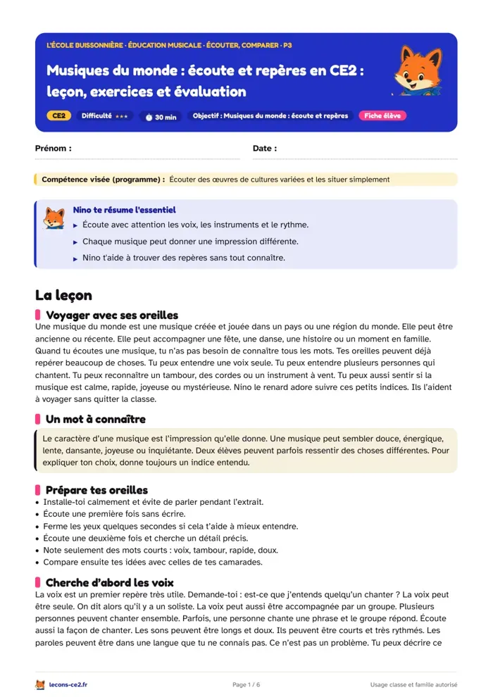 Aperçu de la fiche « Musiques du monde, écoute et repères en CE2 : leçon, exercices et évaluation » en PDF
