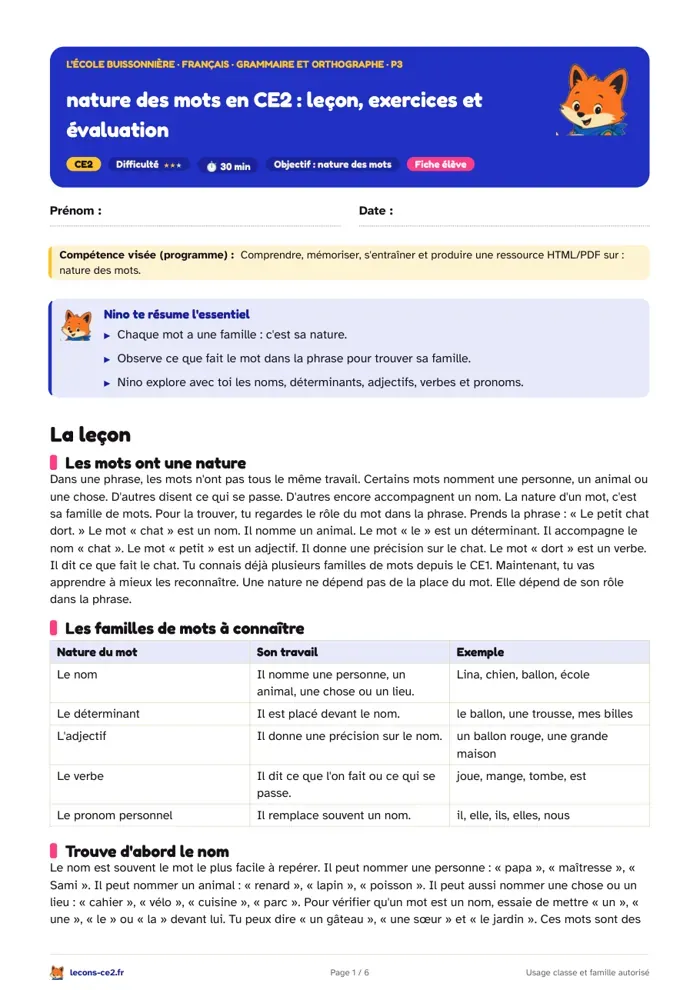 Aperçu de la fiche « Nature des mots en CE2 : leçon, exercices et évaluation » en PDF