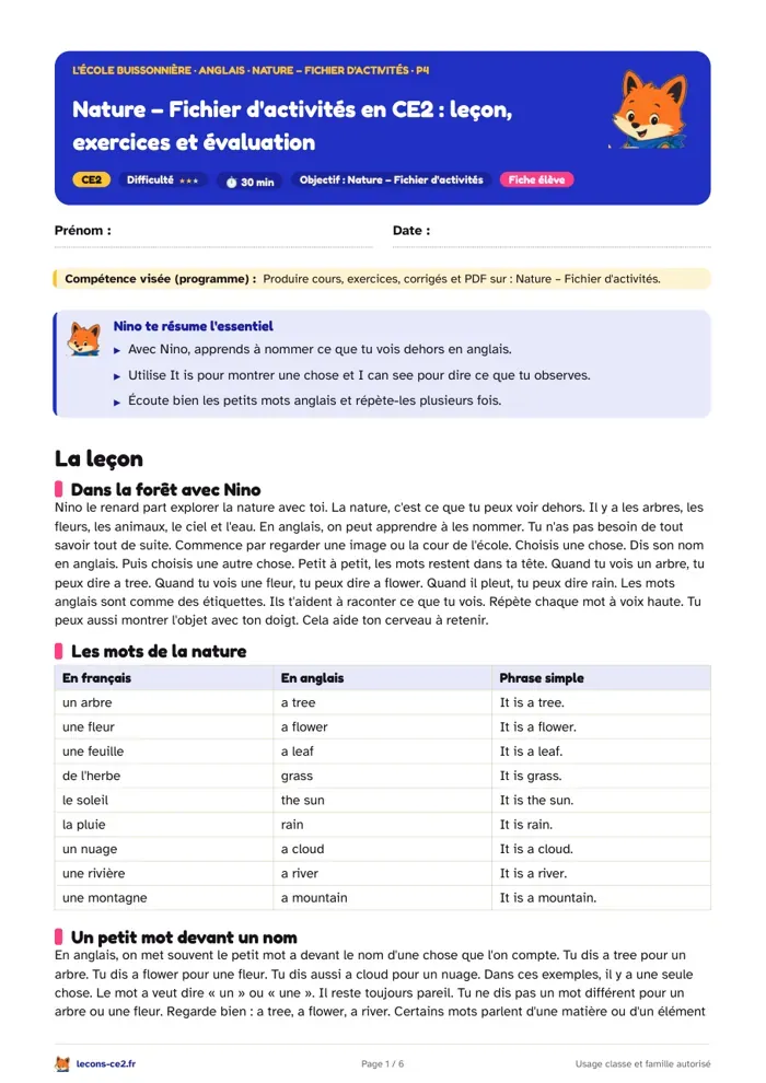 Aperçu de la fiche « Nommer la nature en anglais au CE2 avec It is et I can see » en PDF