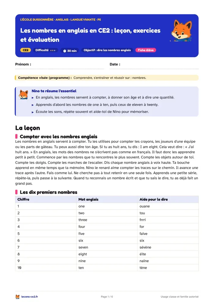 Aperçu de la fiche « Les nombres en anglais en CE2 : leçon, exercices et évaluation » en PDF