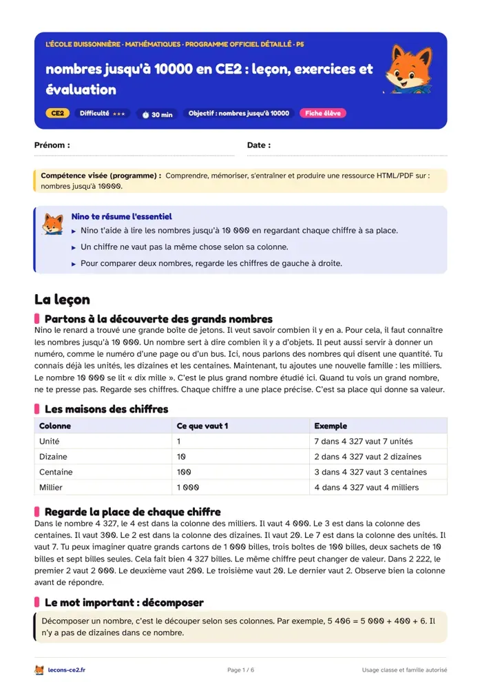 Aperçu de la fiche « Nombres jusqu'à 10000 en CE2 : leçon, exercices et évaluation » en PDF