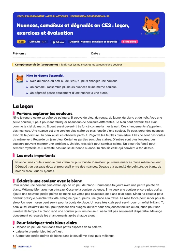 Aperçu de la fiche « Nuances, camaïeux et dégradés en CE2 : leçon, exercices et évaluation » en PDF