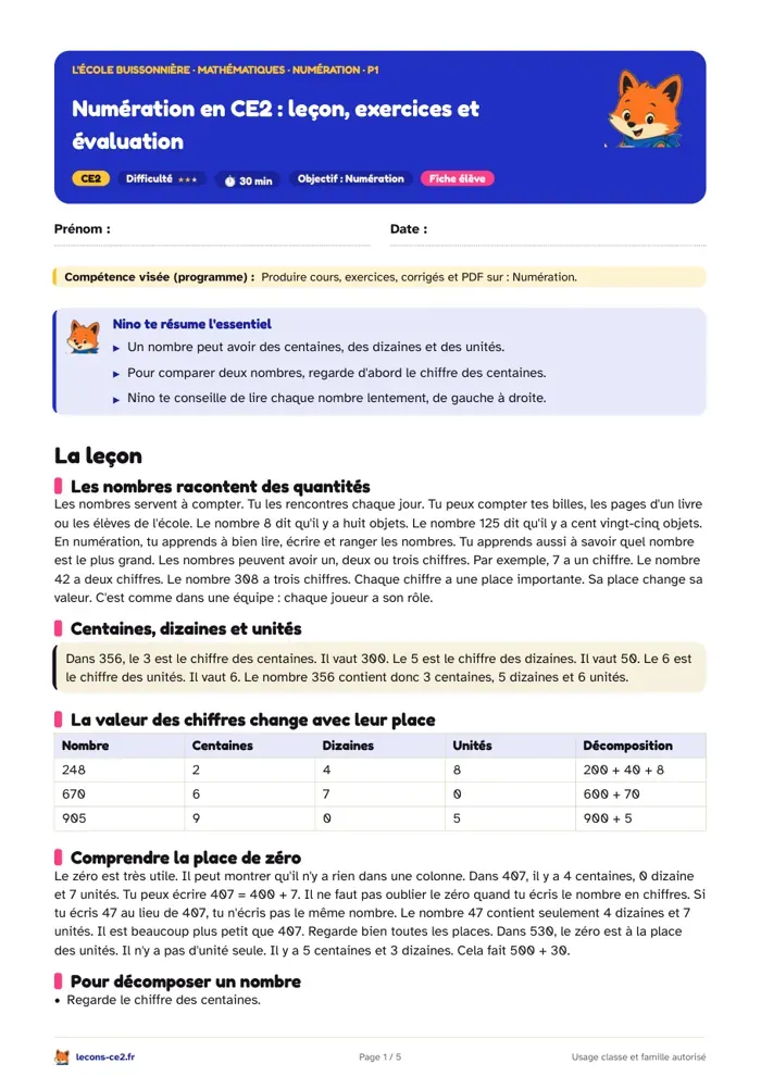 Aperçu de la fiche « Numération en CE2 : leçon, exercices et évaluation » en PDF