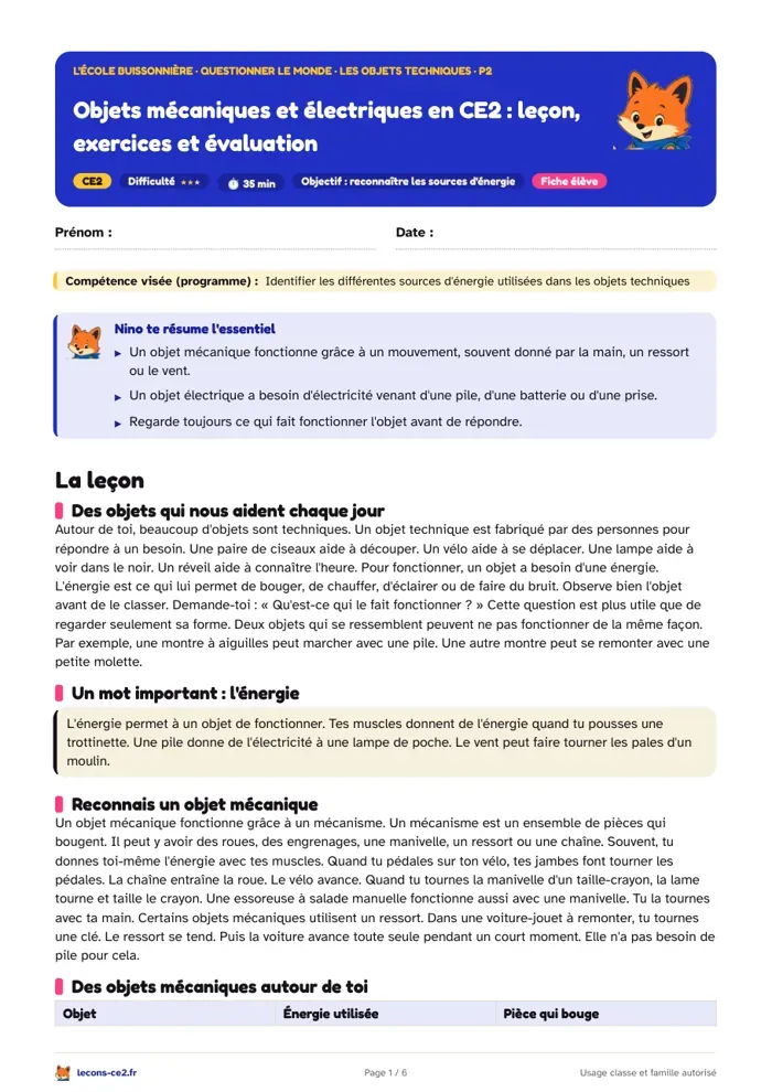 Aperçu de la fiche « Objets mécaniques et électriques en CE2 : leçon, exercices et évaluation » en PDF