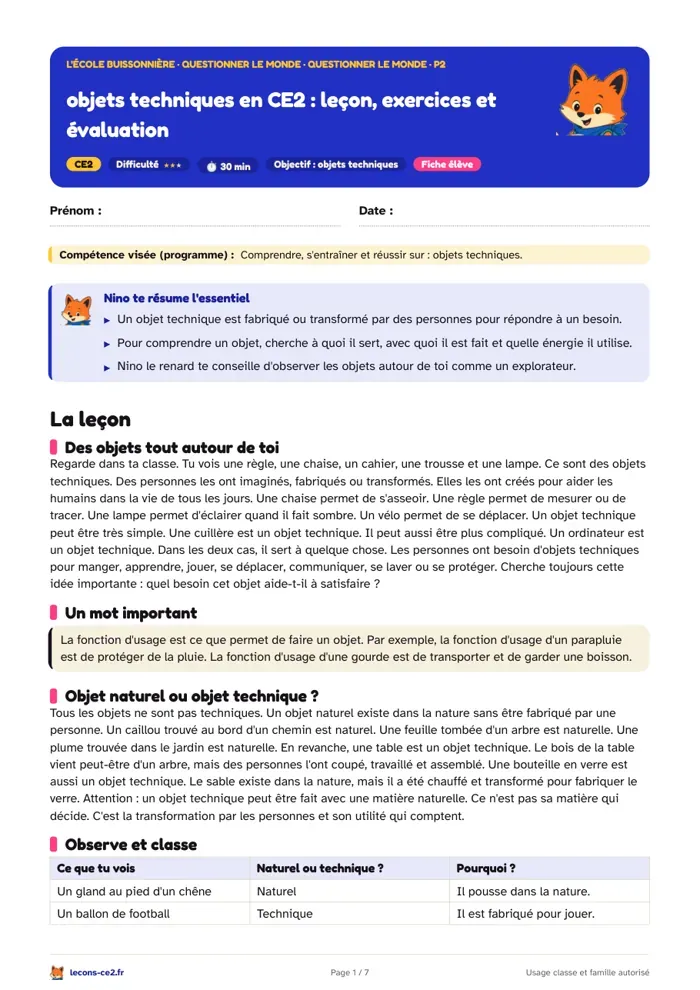 Aperçu de la fiche « Objets techniques en CE2 : leçon, exercices et évaluation » en PDF