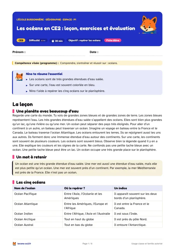 Aperçu de la fiche « Les océans en CE2 : leçon, exercices et évaluation » en PDF
