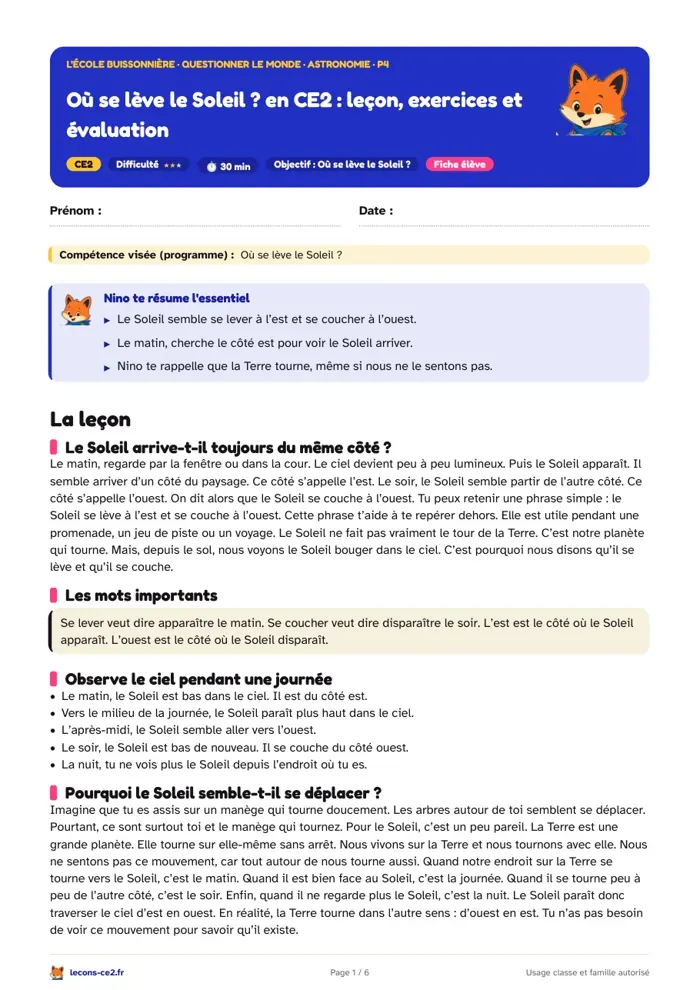 Aperçu de la fiche « Où se lève le Soleil ? en CE2 : leçon, exercices et évaluation » en PDF