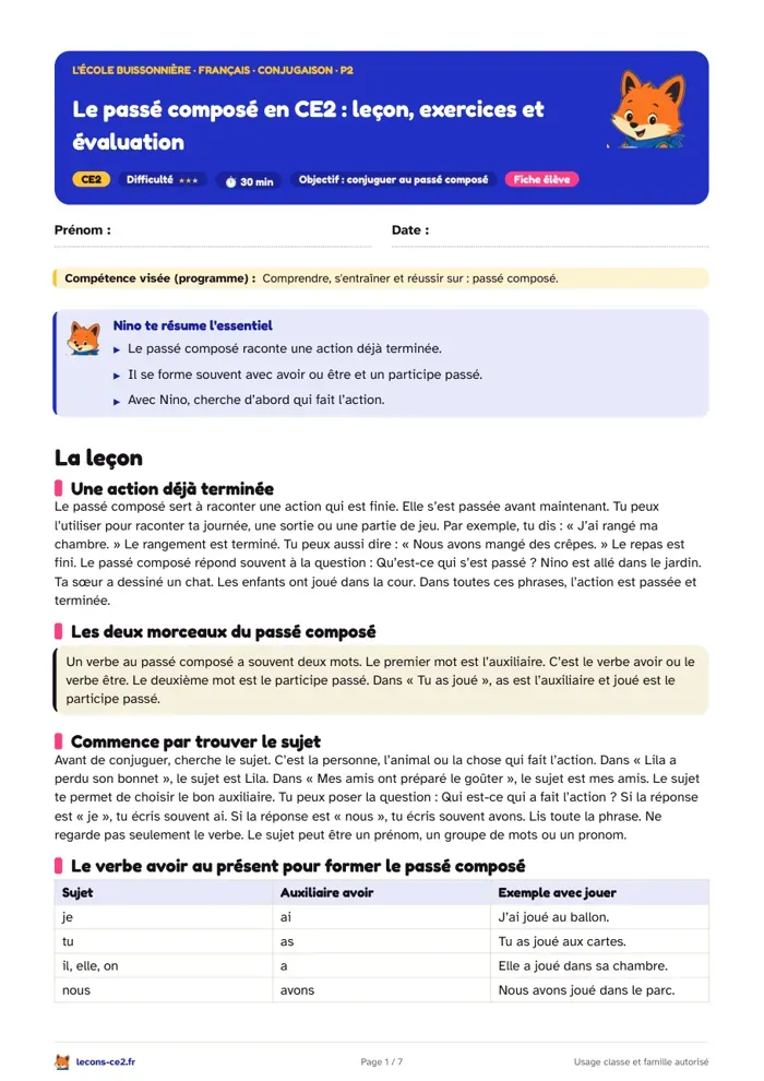 Aperçu de la fiche « Le passé composé en CE2 : leçon, exercices et évaluation » en PDF