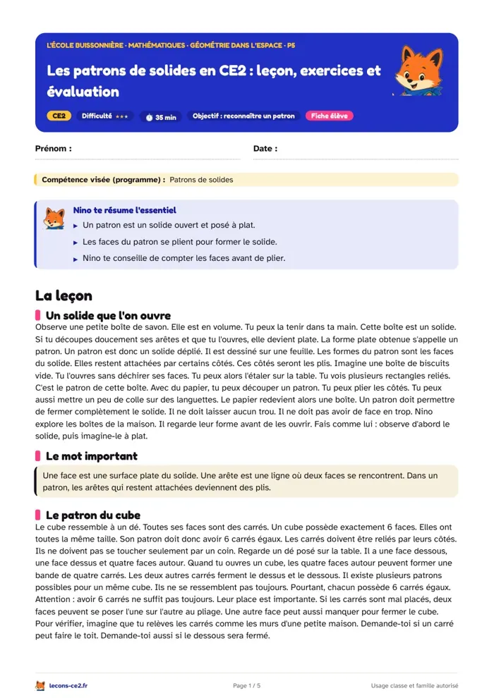 Aperçu de la fiche « Les patrons de solides en CE2 : leçon, exercices et évaluation » en PDF