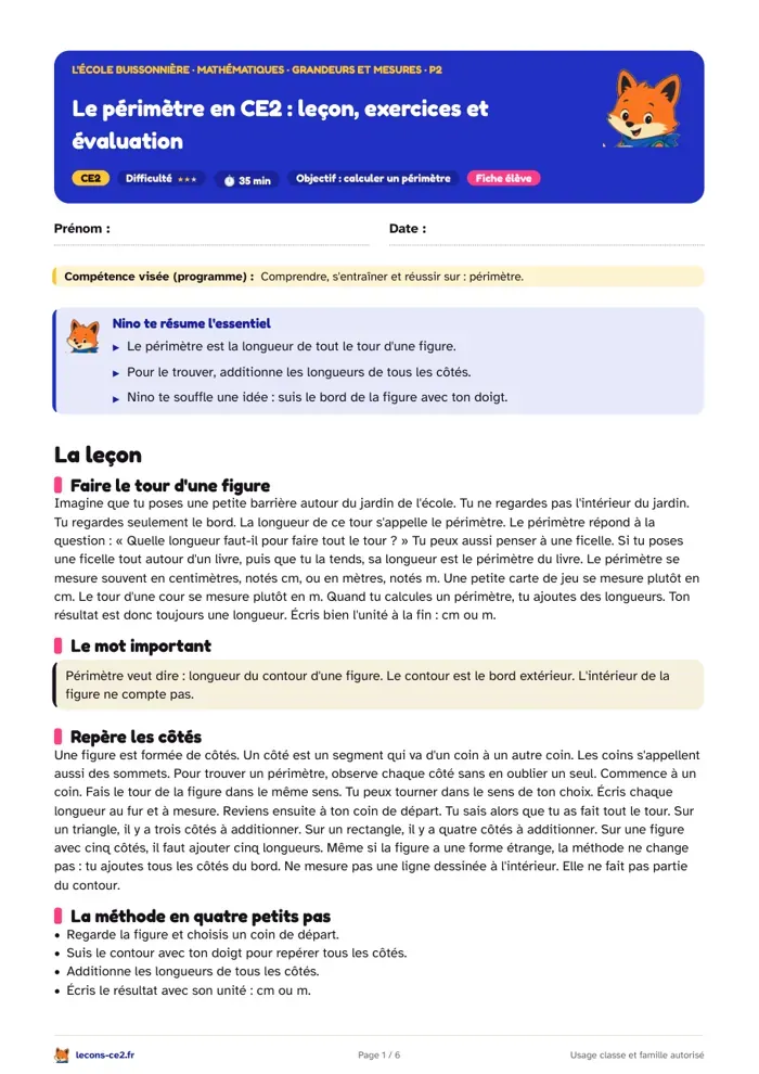 Aperçu de la fiche « Le périmètre en CE2 : leçon, exercices et évaluation » en PDF