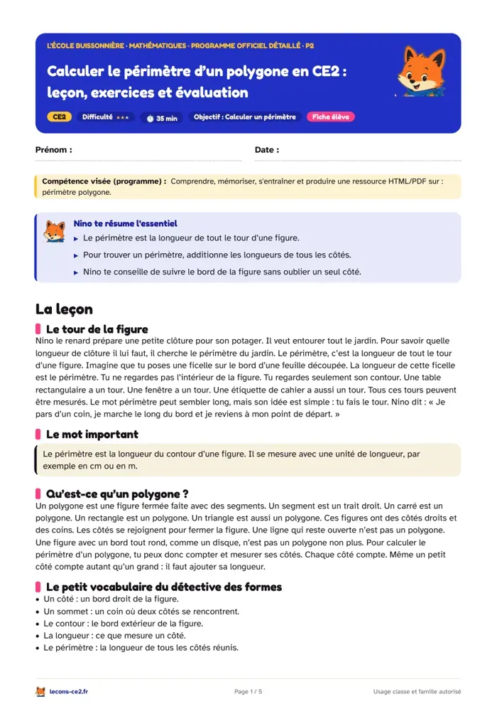 Aperçu de la fiche « Calculer le périmètre d’un polygone en CE2 : leçon, exercices et évaluation » en PDF