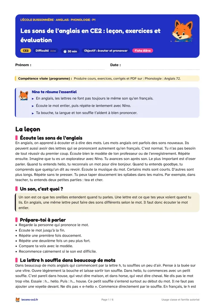 Aperçu de la fiche « Les sons de l’anglais en CE2 : leçon, exercices et évaluation » en PDF