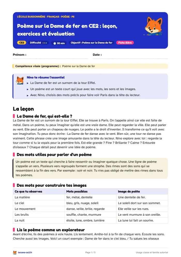 Aperçu de la fiche « Poème sur la Dame de fer en CE2 : leçon, exercices et évaluation » en PDF