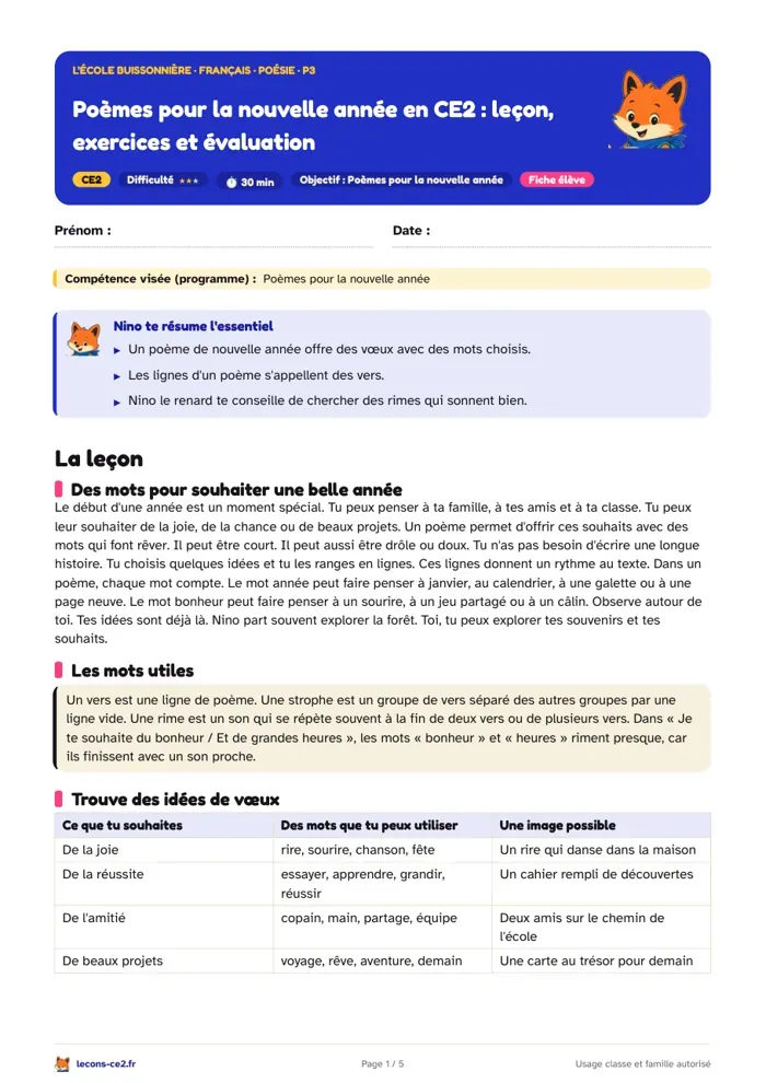 Aperçu de la fiche « Poèmes pour la nouvelle année en CE2 : leçon, exercices et évaluation » en PDF