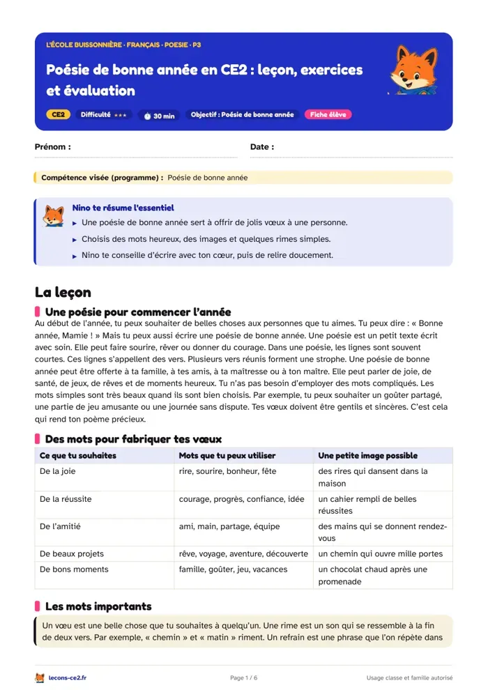Aperçu de la fiche « Poésie de bonne année en CE2 : leçon, exercices et évaluation » en PDF