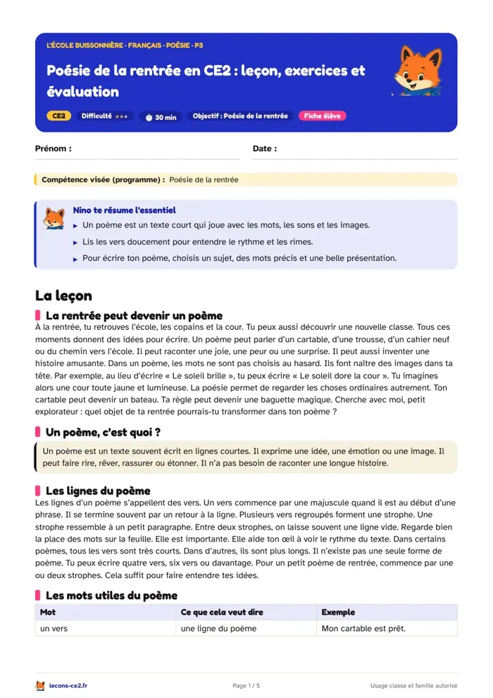 Aperçu de la fiche « Poésie de la rentrée en CE2 : des rimes et des images pour écrire ton poème » en PDF
