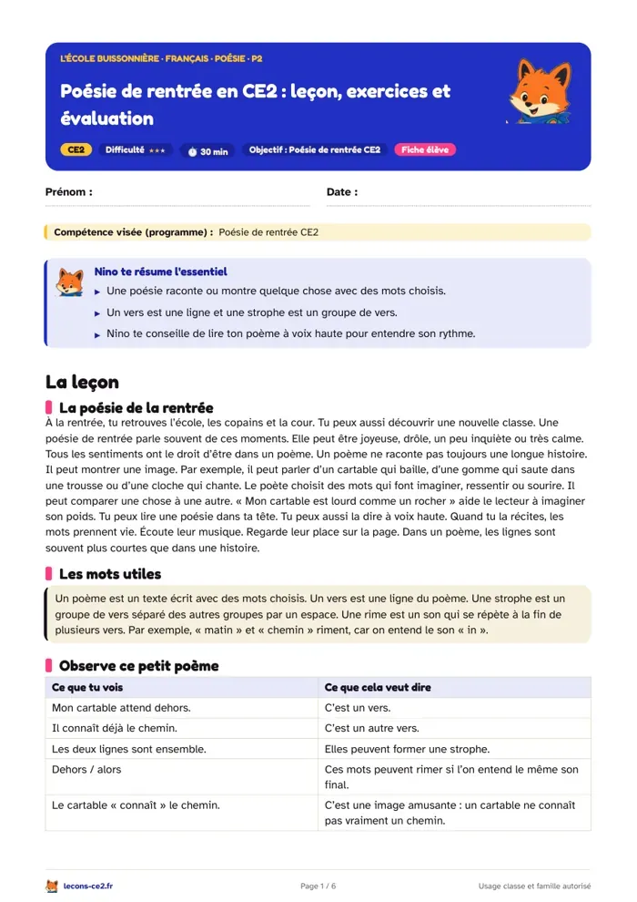 Aperçu de la fiche « Poésie de rentrée en CE2 : leçon, exercices et évaluation » en PDF
