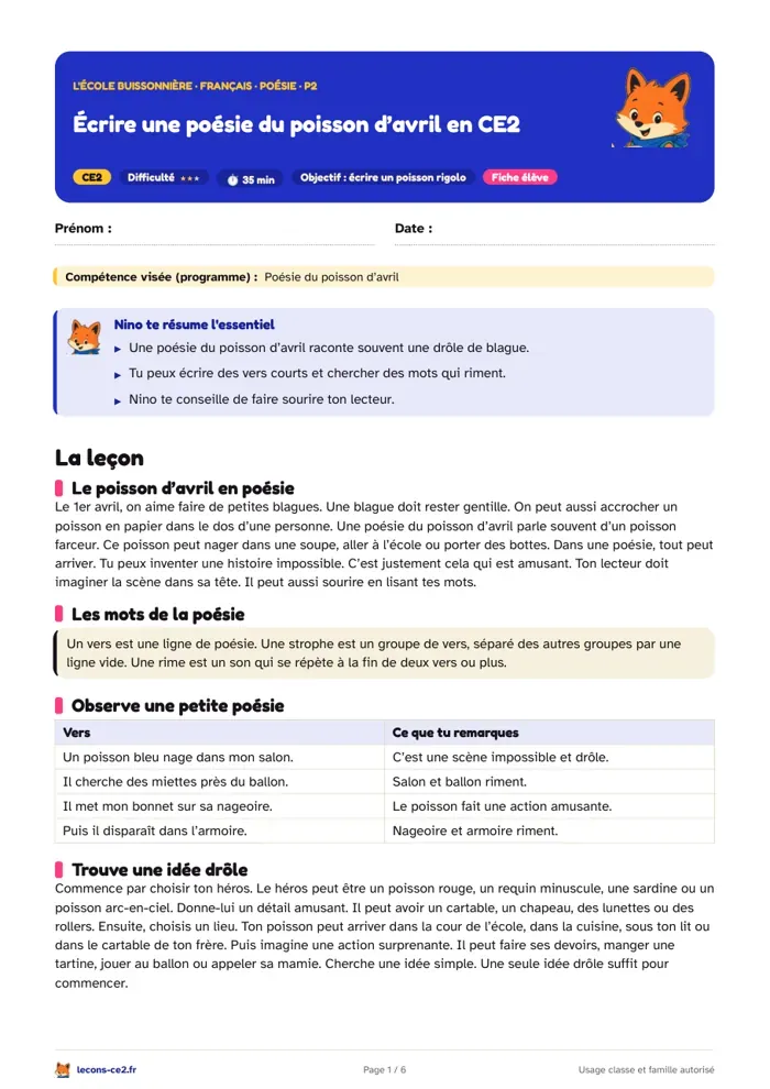 Aperçu de la fiche « Écrire une poésie du poisson d’avril en CE2 » en PDF