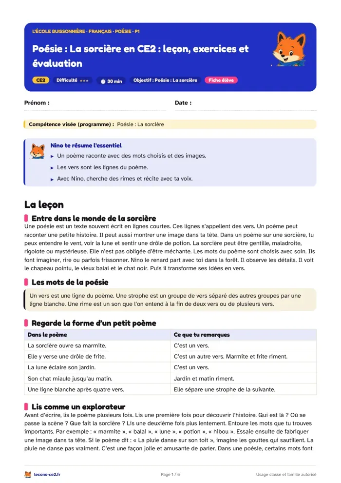 Aperçu de la fiche « Poésie sur la sorcière en CE2 : leçon, exercices et évaluation » en PDF