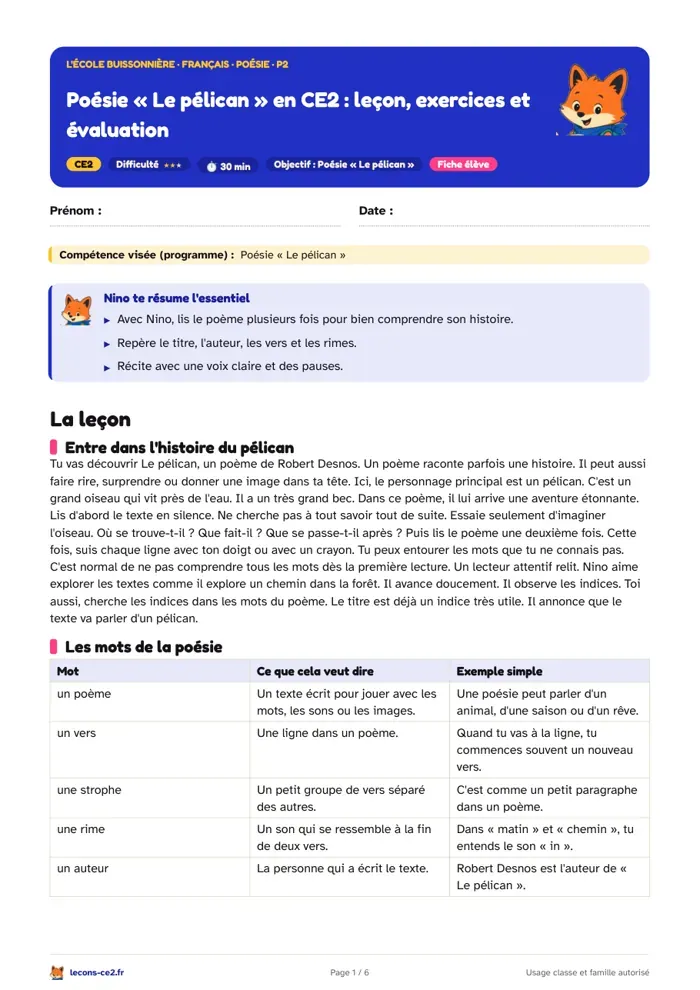 Aperçu de la fiche « Poésie « Le pélican » en CE2 : leçon, exercices et évaluation » en PDF