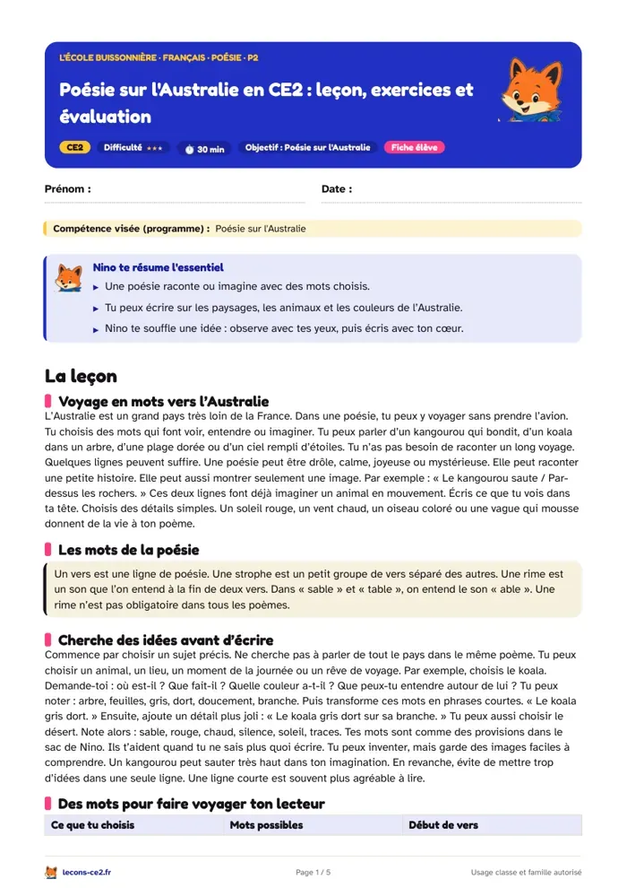 Aperçu de la fiche « Poésie sur l'Australie en CE2 : leçon, exercices et évaluation » en PDF