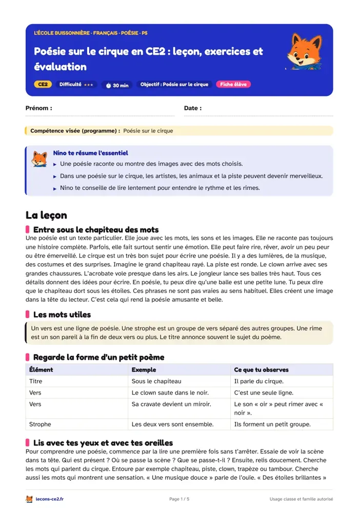 Aperçu de la fiche « Poésie sur le cirque en CE2 : leçon, exercices et évaluation » en PDF