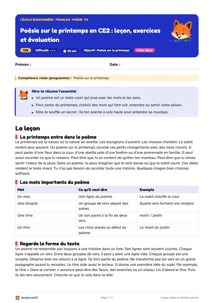 Aperçu de la fiche « Poésie sur le printemps en CE2 : leçon, exercices et évaluation » en PDF