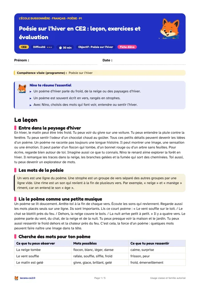 Aperçu de la fiche « Poésie sur l’hiver en CE2 : leçon, exercices et évaluation » en PDF