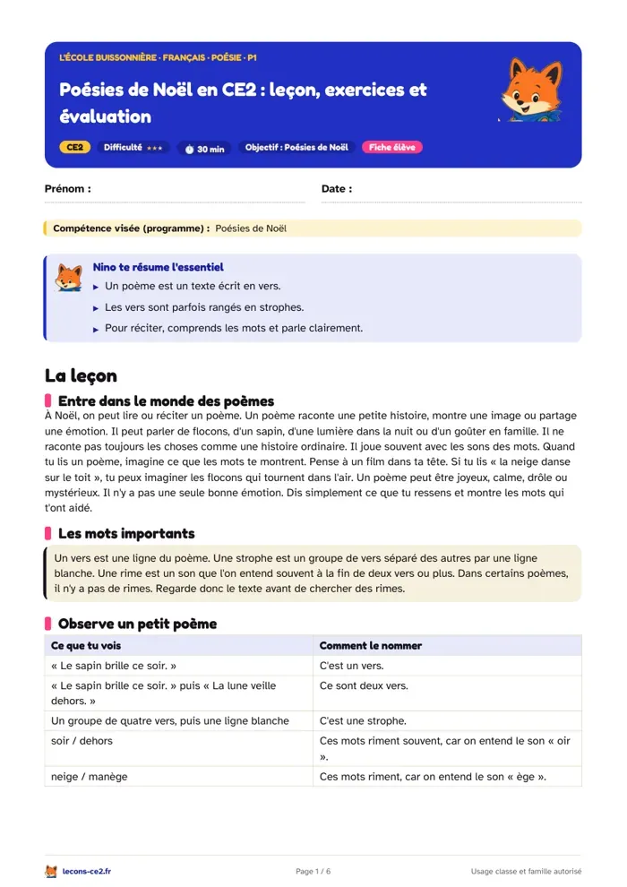 Aperçu de la fiche « Poésies de Noël en CE2 : leçon, exercices et évaluation » en PDF