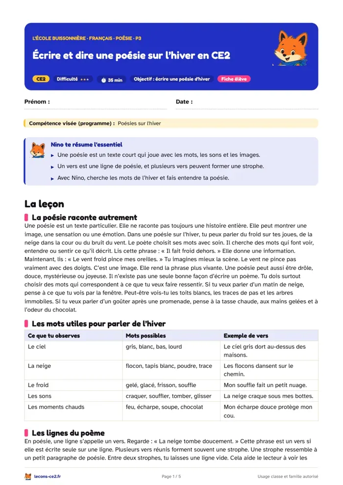 Aperçu de la fiche « Écrire et dire une poésie sur l’hiver en CE2 » en PDF