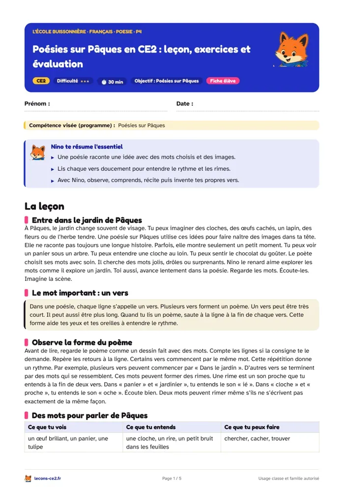 Aperçu de la fiche « Poésies sur Pâques en CE2 : leçon, exercices et évaluation » en PDF
