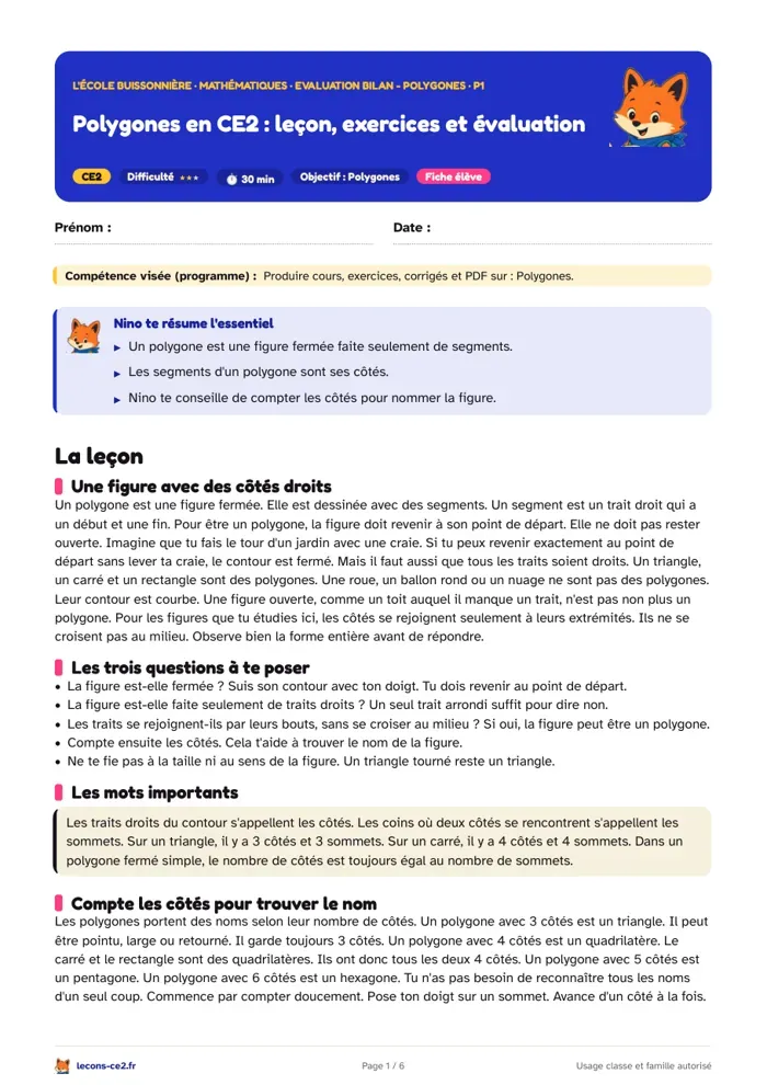 Aperçu de la fiche « Polygones en CE2 : leçon, exercices et évaluation » en PDF