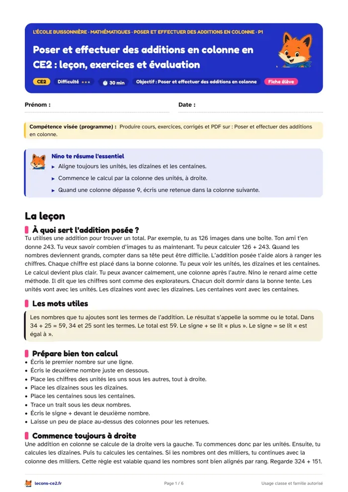 Aperçu de la fiche « Poser et effectuer des additions en colonne en CE2 : leçon, exercices et évaluation » en PDF
