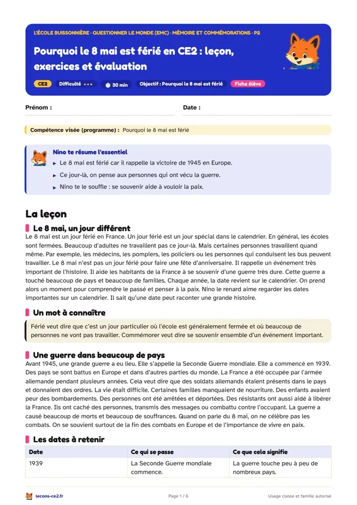 Aperçu de la fiche « Pourquoi le 8 mai est férié en CE2 : leçon, exercices et évaluation » en PDF