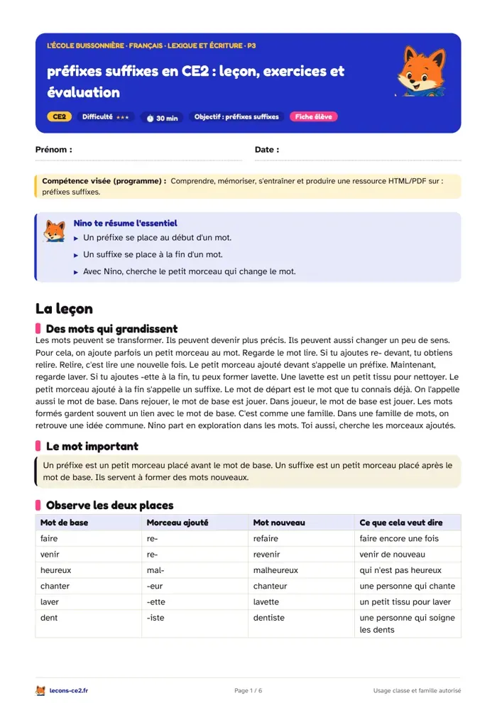 Aperçu de la fiche « Préfixes suffixes en CE2 : leçon, exercices et évaluation » en PDF