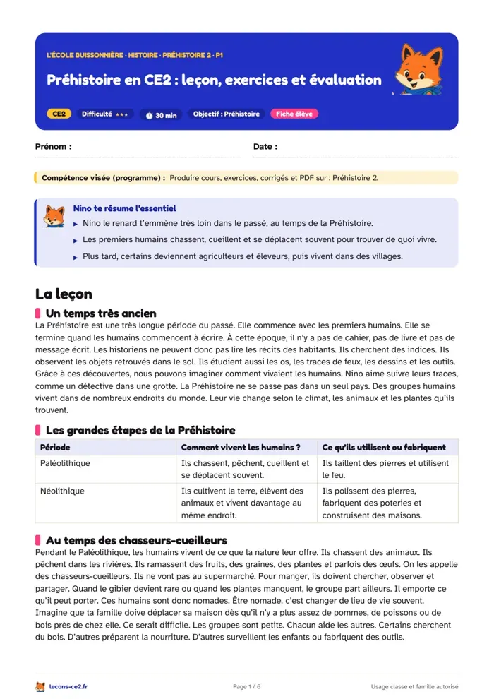 Aperçu de la fiche « La Préhistoire en CE2 : des chasseurs-cueilleurs aux premiers agriculteurs » en PDF