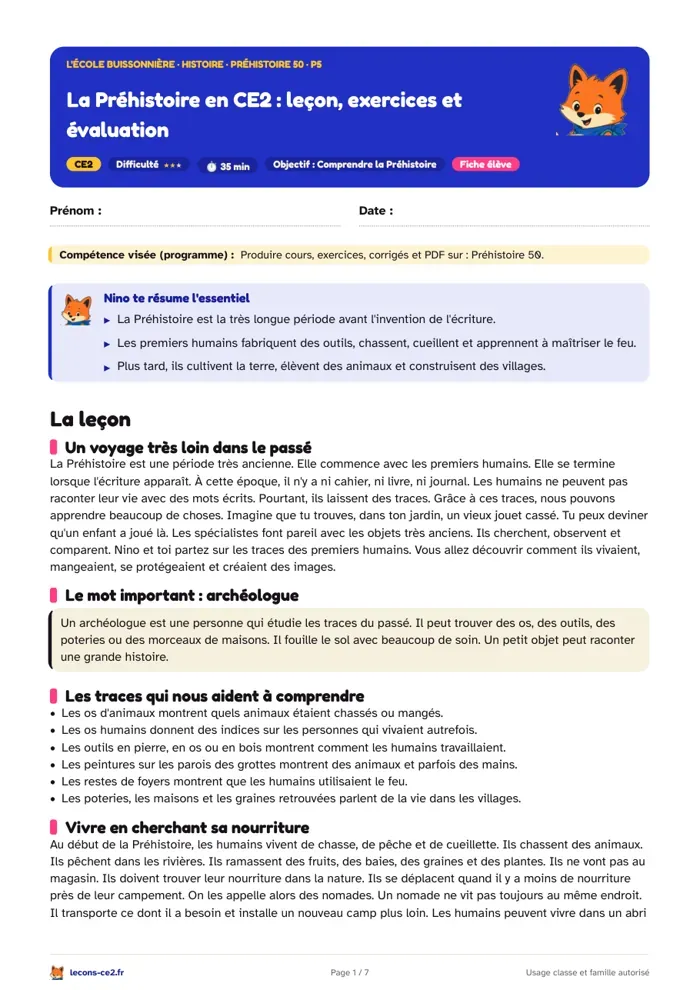 Aperçu de la fiche « La Préhistoire en CE2 : l’archéologue, les outils et la maîtrise du feu » en PDF