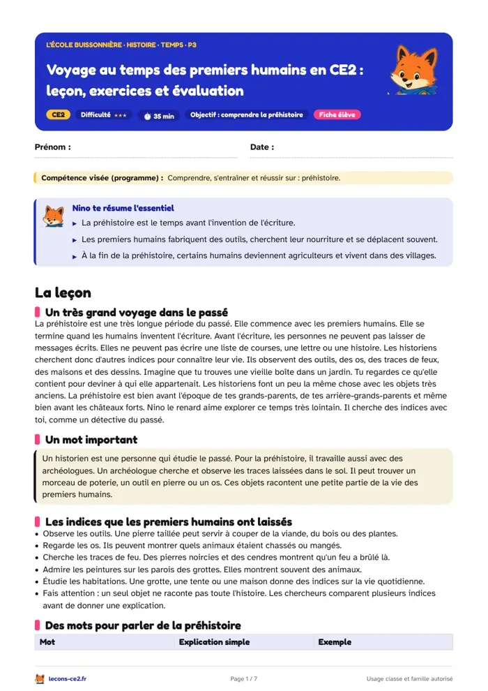 Aperçu de la fiche « Voyage au temps des premiers humains en CE2 : leçon, exercices et évaluation » en PDF