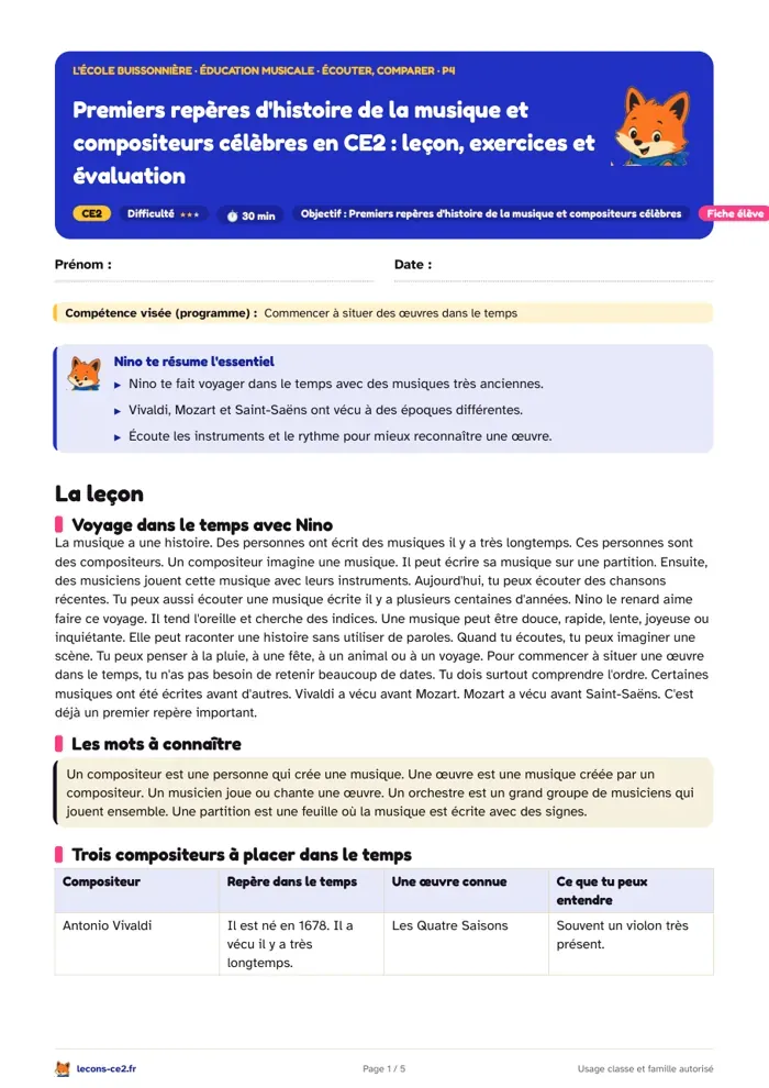 Aperçu de la fiche « Premiers repères d'histoire de la musique et compositeurs célèbres en CE2 : leçon, exercices et évaluation » en PDF