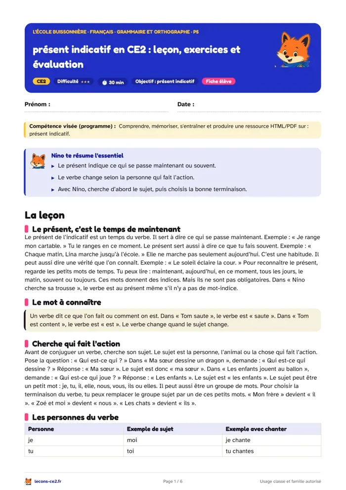 Aperçu de la fiche « Présent indicatif en CE2 : leçon, exercices et évaluation » en PDF